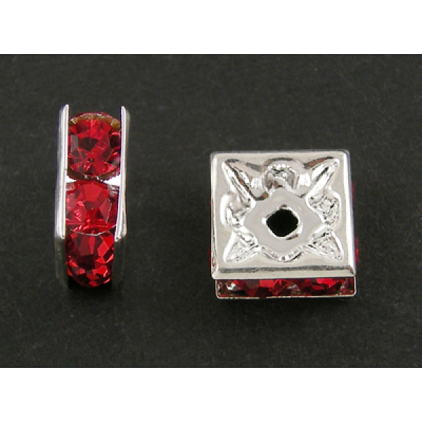 

PandaHall Brass Rhinestone Spacer Beads, Square, Nickel Free, Red, Silver Color Plated, 6mmx6mmx3mm, hole: 1mm Brass+Rhinestone Square Red