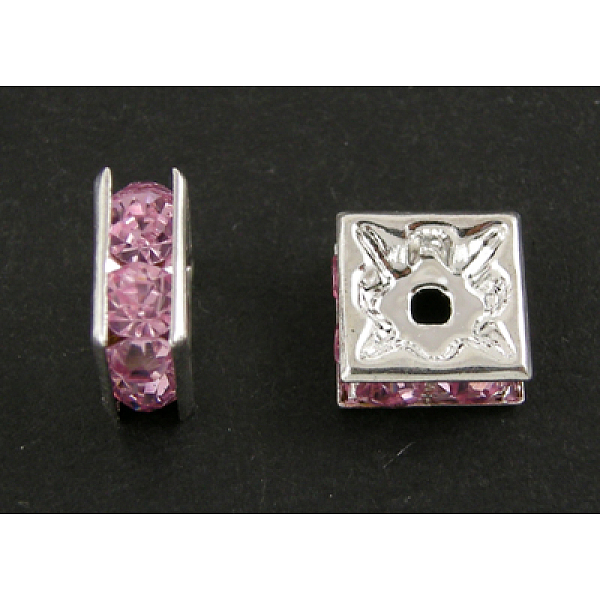 

PandaHall Rhinestone Spacer Beads, Square, Nickel Free, Pink, Silver Color Plated, 8x8x4mm, Hole: 1mm Brass+Rhinestone Square Pink