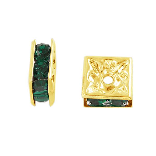 

PandaHall Brass Rhinestone Spacer Beads, Square, Golden, Green, 8x8x4mm, Hole: 1mm Brass+Rhinestone Square Green