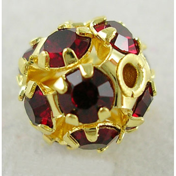 

PandaHall Brass Rhinestone Beads, Round, Golden, 12 Facets, Red, about 8mm in diameter, hole: 1.5mm Brass+Rhinestone Round Red