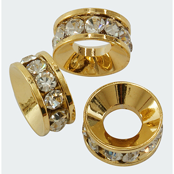 

PandaHall Brass Rhinestone Spacer Beads, Grade A, Rondelle, Golden, about 12mm in diameter, 5mm thick, hole: 6mm Brass+Rhinestone Rondelle..., Gold