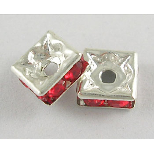 

PandaHall Brass Rhinestone Spacer Beads, Grade A, Square, Red, Silver Color Plated, about 6mm long, 6mm wide, 2.8mm thick, hole: 1mm...