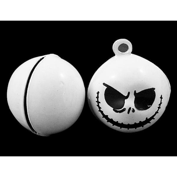 

PandaHall Mobile Pendants for Halloween, Brass Bell, about 22mm long, 18mm wide, 17.5mm thick, hole: 2mm Brass+Enamel Human White
