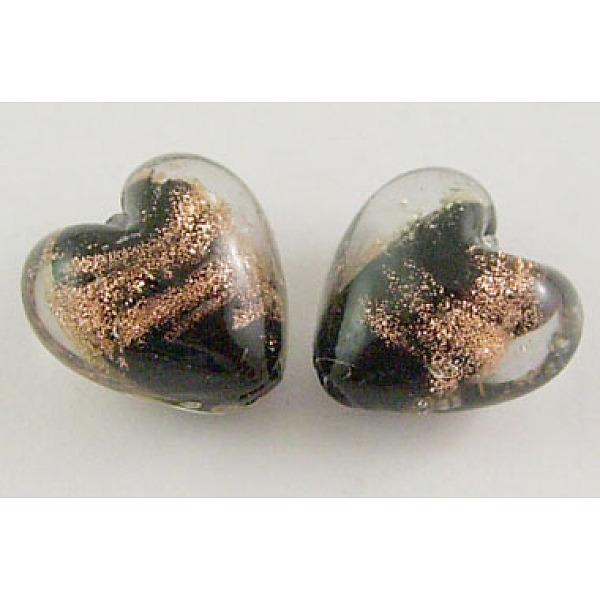 

PandaHall Handmade Gold Sand Lampwork Beads, Heart, Black, Size: about 12mm wide, 12mm long, hole: 1.5mm Lampwork Heart Black