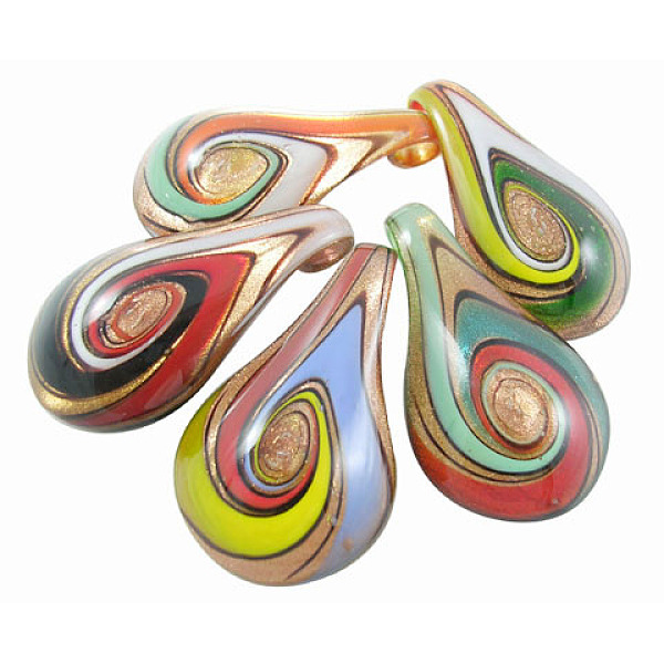 

PandaHall Handmade Lampwork Glass Pendants, with Gold Sand, teardrop, Mixed Color, 32mm wide, 55mm long, hole: 7mm Lampwork Teardrop..., Multicolor