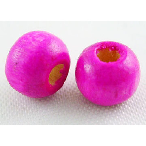 PandaHall Dyed Natural Wood Beads, Round, Nice for Children's Day Gift Making, Lead Free, Fuchsia, about 6~7mm wide, 5~6mm high, Hole: 1.5mm...