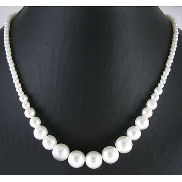

PandaHall 21 inch Glass Pearl Necklace, White, Bead: 4~12mm Glass White