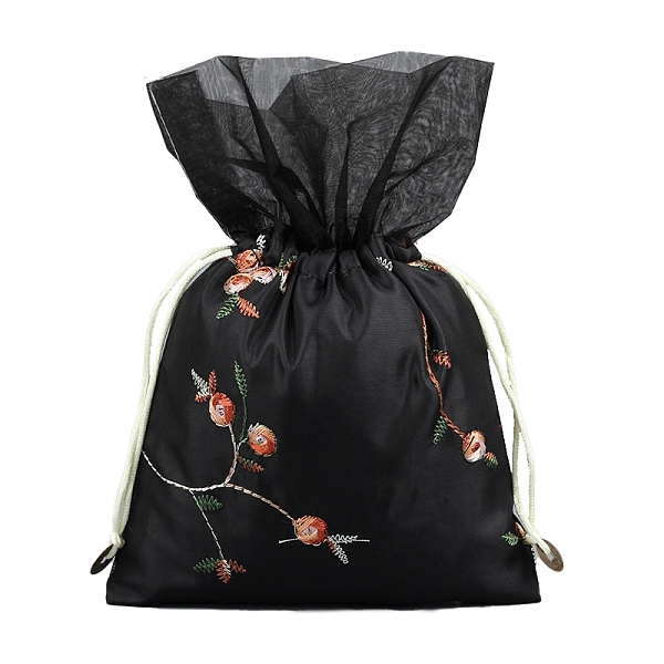 

PandaHall Silk Embroidery Flower Pouches, Drawstring Bag, Rectangle, Black, 25x16cm Silk Rectangle Black