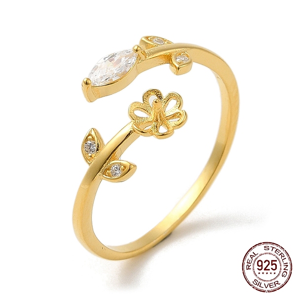

PandaHall Flower 925 Sterling Silver Micro Pave Cubic Zirconia Open Cuff Ring Settings, for Half Drilled Beads, Real 18K Gold Plated, US..., Clear