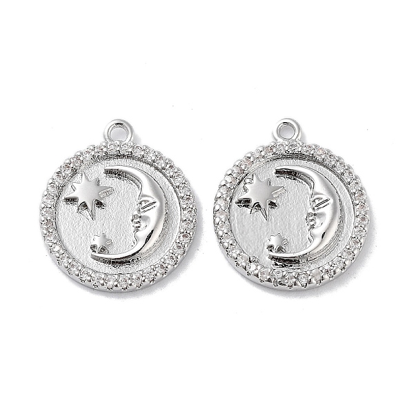 

PandaHall Brass Micro Pave Clear Cubic Zirconia Pendants, Flat Round with Moon Charms, Real Platinum Plated, 16x13x2.5mm, Hole: 1mm...