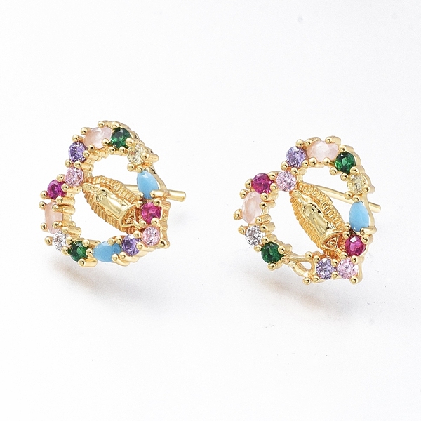 

PandaHall Brass Micro Pave Cubic Zirconia Ear Studs, Long-Lasting Plated, Heart with Virgin Mary, Golden, Colorful, 15x13mm, Pin: 0.8mm...
