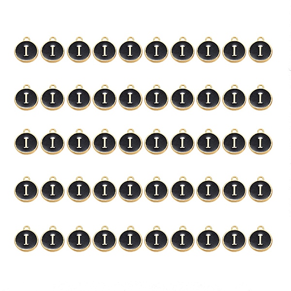 

PandaHall Golden Plated Alloy Charms, with Enamel, Enamelled Sequins, Flat Round, Black, Letter.I, 14x12x2mm, Hole: 1.5mm, 50pcs/Box...