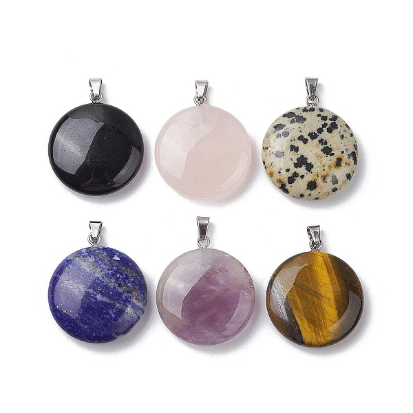 

PandaHall Natural Mixed Stone Pendants, Flat Round Charms with Stainless Steel Color Plated Stainless Steel Snap on Bails...