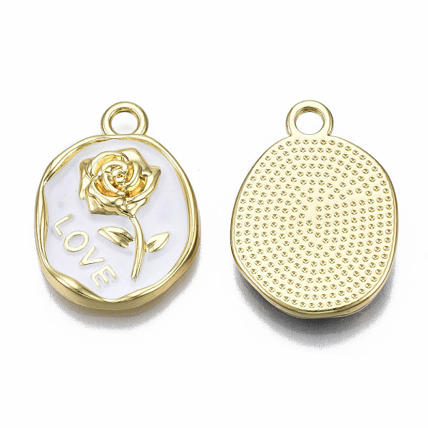 

PandaHall Rack Plating Alloy Enamel Pendants, Light Gold, Cadmium Free & Nickel Free & Lead Free, Oval with Rose & Word Love, White...