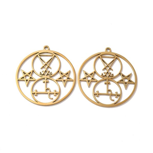 

PandaHall Ion Plating(IP) 304 Stainless Steel Pendant, Flat Round with Satan Symbol & Star Charm, Real 18K Gold Plated, 38x35x1mm, Hole: 2mm...