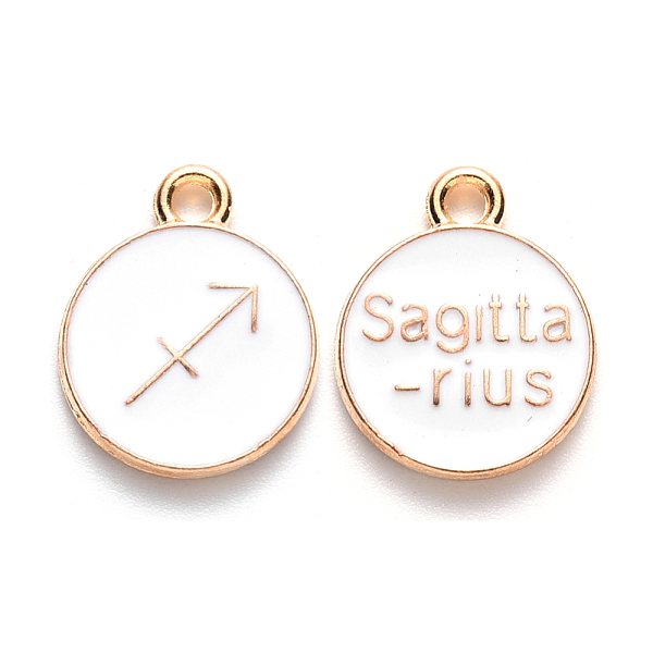 

PandaHall Alloy Enamel Pendants, Cadmium Free & Lead Free, Flat Round with Constellation, Light Gold, White, Sagittarius, 22x18x2mm, Hole...