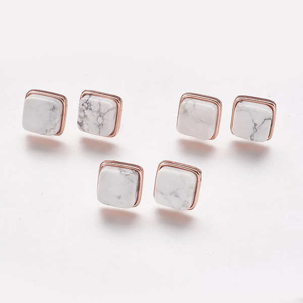 

PandaHall Natural Howlite Stud Earrings, with Brass Findings, Real Rose Gold Plated, Square, 12x12x4.5~6mm, Pin: 1mm Howlite White