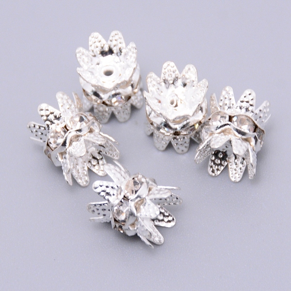 

PandaHall Iron Double Sided Spacer Beads, with Crystal Rhinestone, Flower, Platinum, 9.5x8mm, Hole: 0.8mm Iron+Rhinestone Flower Clear