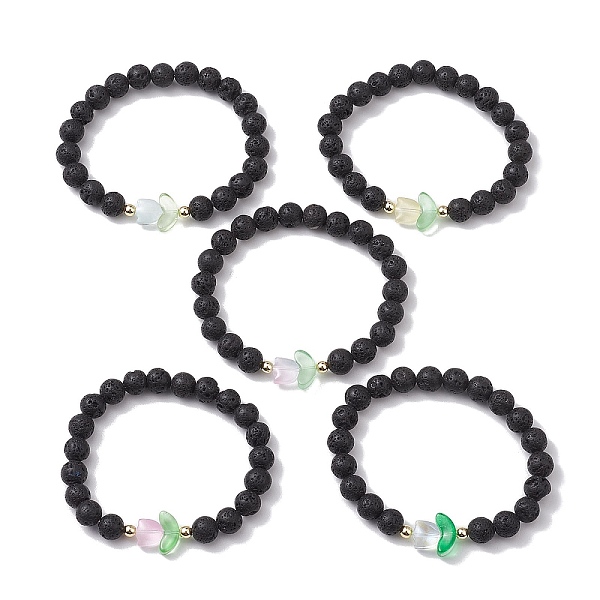

PandaHall Natural Lava Rock Round Beaded Stretch Bracelets, with Transparent Glass Flower Beads and Electroplate Non-magnetic Synthetic..., Multicolor
