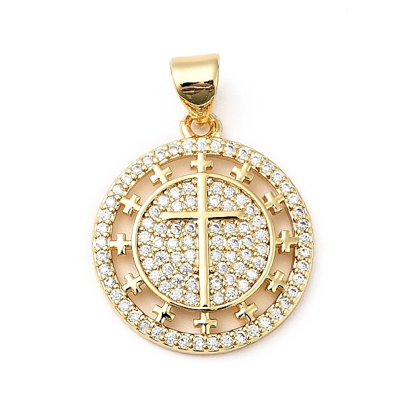 

PandaHall Rack Plating Brass Micro Pave Clear Cubic Zirconia Pendants, Cadmium Free & Lead Free, Flat Round with Cross, Real 18K Gold Plated...