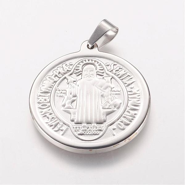 

PandaHall 304 Stainless Steel Pendants with 201 Stainless Clasp, Flat Round with Saint Benedict Medal, Stainless Steel Color, 39.5x35.5x3mm...