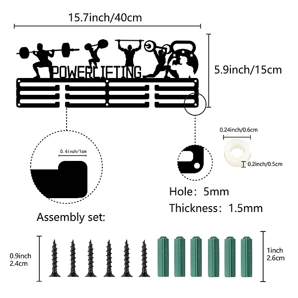 Creatcabin パワーリフティングメダルハンガーディスプレイ スポーツメダルホルダー 60個以上のメダル 重量挙げアスリート賞 アイアンラック 壁掛け装飾 競技用リボンストラップメダル 15.7 X 5.9インチ