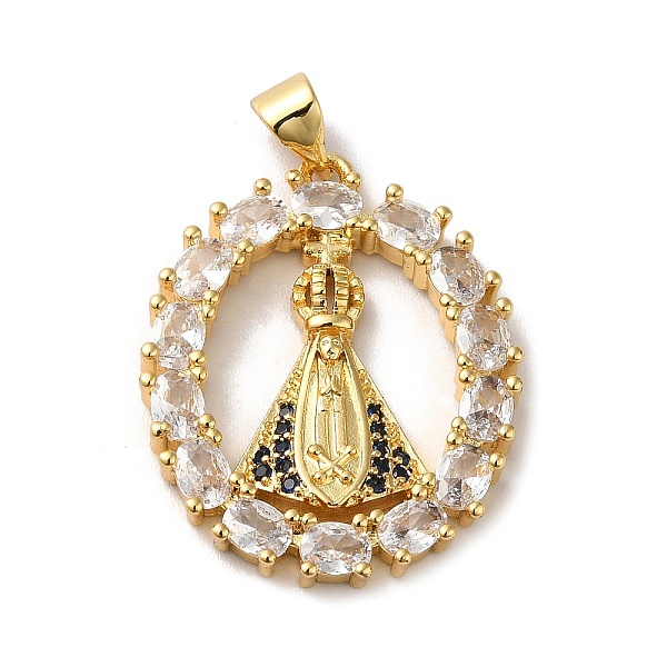 

PandaHall Rack Plating Brass Micro Pave Clear Cubic Zirconia Pendants, Long-Lasting Plated, Lead Free & Cadmium Free, Oval with Saint Charm...