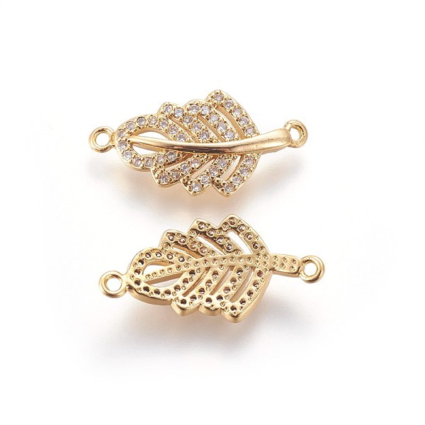 

PandaHall Brass Micro Pave Cubic Zirconia Links, Leaf, Clear, Golden, 21~21.5x11x3mm, Hole: 1mm Brass+Cubic Zirconia Leaf Clear