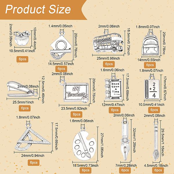 

PandaHall CHGCRAFT 72Pcs 12 Style Tibetan Style Alloy Pendants for Teachers' Day, Ruler & Pen & Knapsack & Book, Antique Silver...