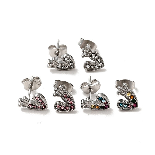 

PandaHall Heart with Crown 304 Stainless Steel Rhinestone Stud Earrings, 316 Surgical Stainless Steel Pin Ear Studs, with Ear Nuts..., Multicolor