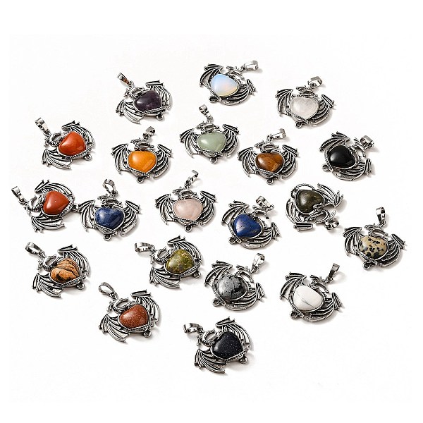 

PandaHall Natural & Synthetic Mixed Gemstone Heart Pendants, Dragon Charms, with Rack Plating Antique Silver Plated Brass Findings, Lead...