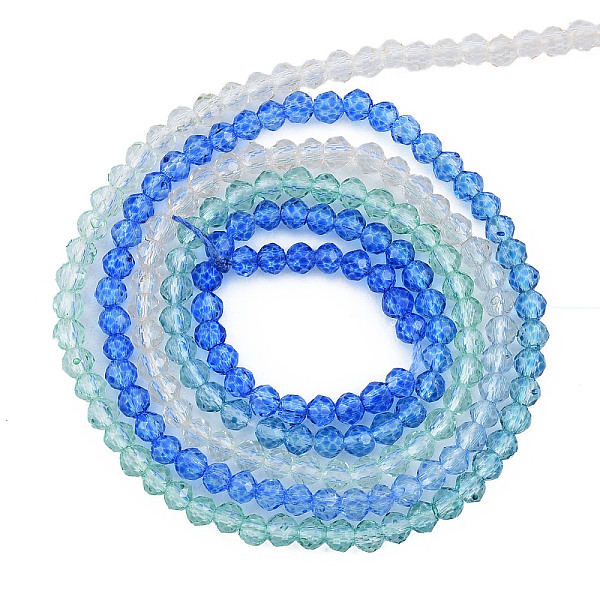 

PandaHall Transparent Glass Beads Strands, Segmented Multi-color Beads, Faceted Round, Blue, 2mm, Hole: 0.6mm, about 194~199pcs/strand...