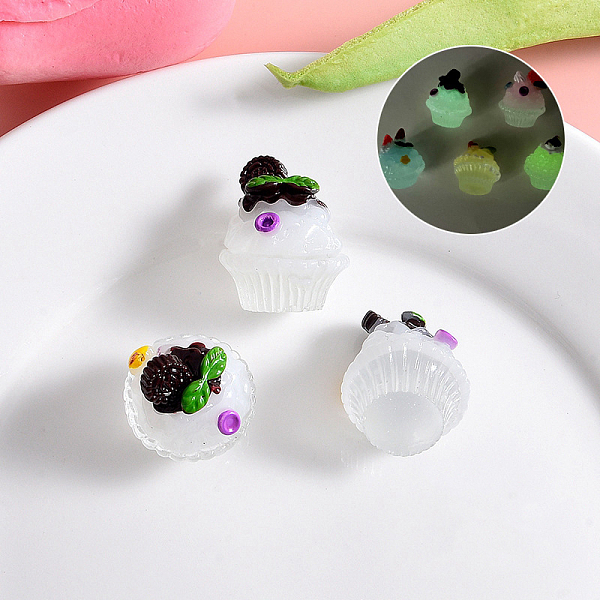 

PandaHall Luminous Cupcake Resin Sculpture Ornament, Glow in the Dark, for Home Desktop Decorations, White, 22x18mm Resin Food White