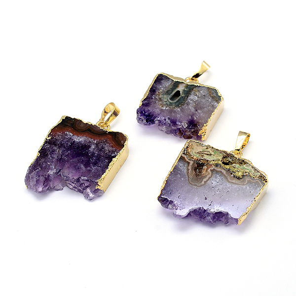 

PandaHall Natural Drusy Amethyst Rectangle Pendants, with Plated Brass Finding, Golden, 24~42x22~35x6~7mm, Hole: 8x5mm Amethyst Rectangle