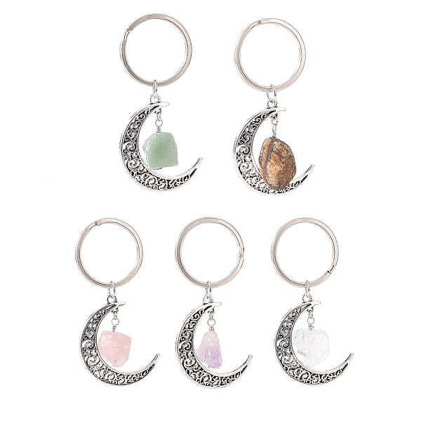 

PandaHall Alloy Hollow Moon Charm Keychains with Natural Gemstone Nuggets Charm, for Car Key Bag Accessories, 7.3cm Mixed Stone Moon