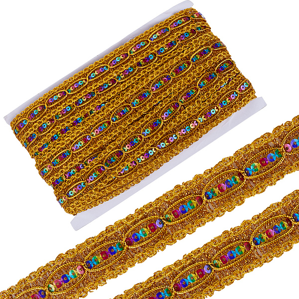 

PandaHall 15 Yards Polyester Braided Lace Ribbon, Wave Pattern Ribbon with Colorful Paillette, Clothing Accessories, Gold, 1~1-1/8 inch inch...