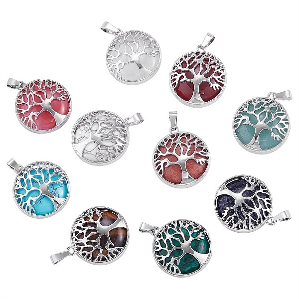 PandaHall 10Pcs 10 Style Natural & Synthetic Gemstone Pendants, with Brass Findings, Flat Round with Tree of Life Charm, Mixed Dyed and...