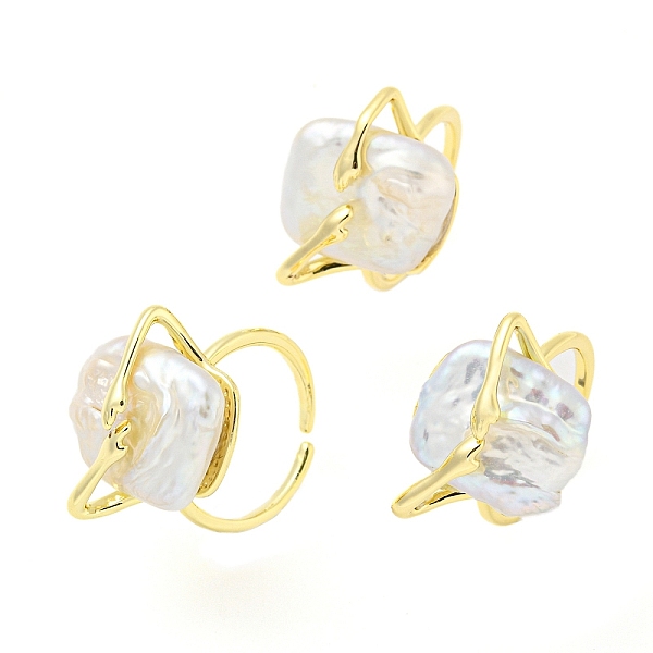 

PandaHall Natural Pearl Irregular Rectangle Open Cuff Ring, Brass Finger Ring, Real 14K Gold Plated, US Size 6 1/2(16.9mm) Pearl Rectangle