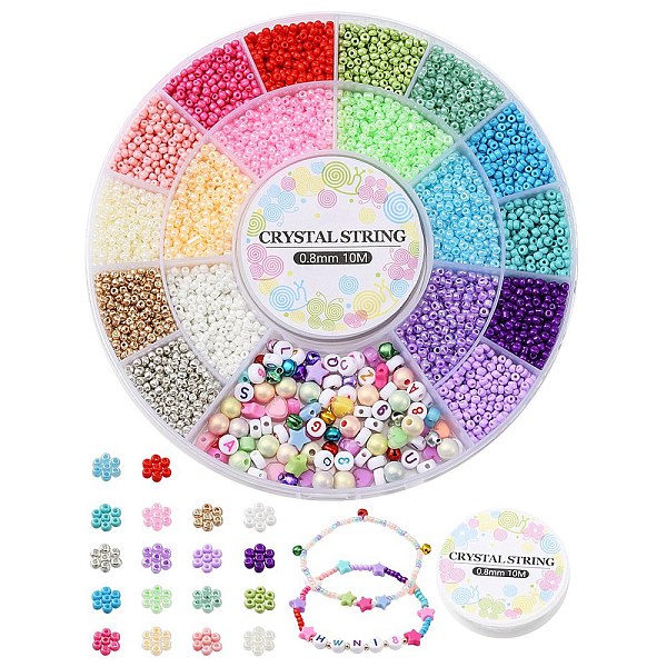PandaHall DIY Stretch Bracelet Making Kit, Including Seed Round & Acrylic Letter Beads, Aluminum Bell Charms, Mixed Color, Beads...