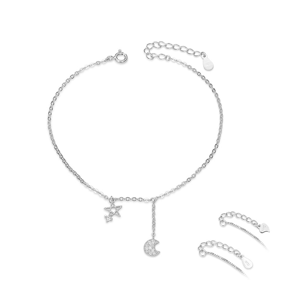 

PandaHall SHEGRACE Rhodium Plated 925 Sterling Silver Anklet, Micro Pave Grade AAA Cubic Zirconia Star and Moon, with S925 Stamp, Platinum...