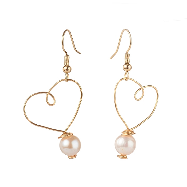 

PandaHall Brass Dangle Earrings, with Natural Pearl Beads, Heart, Golden, 43mm, Pin: 0.7mm Pearl