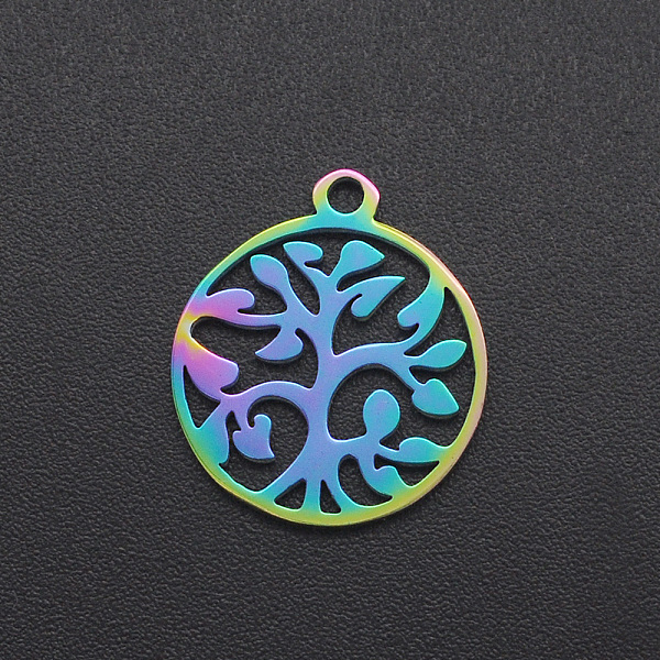 

PandaHall Ion Plating(IP) 201 Stainless Steel Pendants, Ring with Tree of Life, Laser Cut, Rainbow Color, 16.5x14x1mm, Hole: 1.5mm 201...