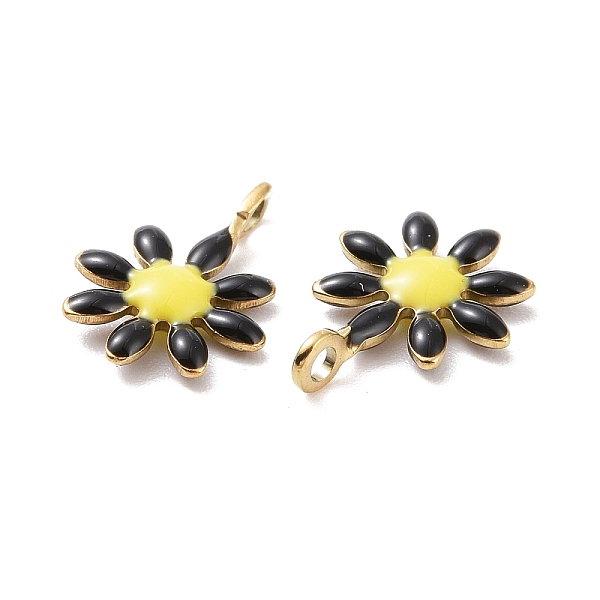 PandaHall Ion Plating(IP) 304 Stainless Steel Charms, with Enamel, Golden, Flower, Black, 10x7.5x2mm, Hole: 1mm Stainless Steel+Enamel...