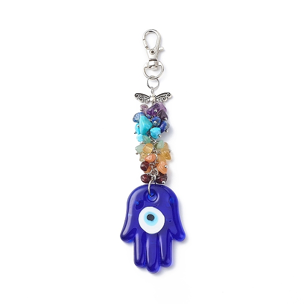 

PandaHall Handmade Lampwork Evil Eye Pendant Decoration, Gemstone Chips Cluster Lobster Clasp Charms, Clip-on Charms, for Keychain, Purse...