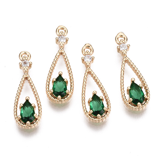 

PandaHall Brass Micro Pave Cubic Zirconia Pendants, with Glass, Teardrop, Long-Lasting Plated, Light Gold, Sea Green, 17.5x6x2.5mm, Hole...