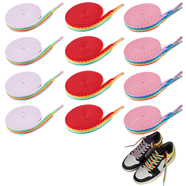 

PandaHall CHGCRAFT 12Pairs 3 Colors Rainbow Striped Polyester Shoelace, Mixed Color, 1205x8x3mm, 4pairs/color Polyester Flat Multicolor