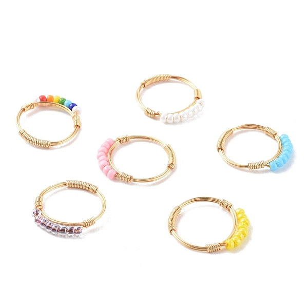 

PandaHall Adjustable Glass Seed Beads Finger Rings, with Real 18K Gold Plated Copper Wire, Mixed Color, Size 7, 17mm Glass Multicolor