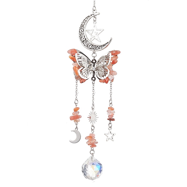 

PandaHall Alloy Hollow Moon Butterfly Hanging Ornaments, Red Natural Agate Chip & Glass Round Tassel Suncatchers for Home Garden Decorations...