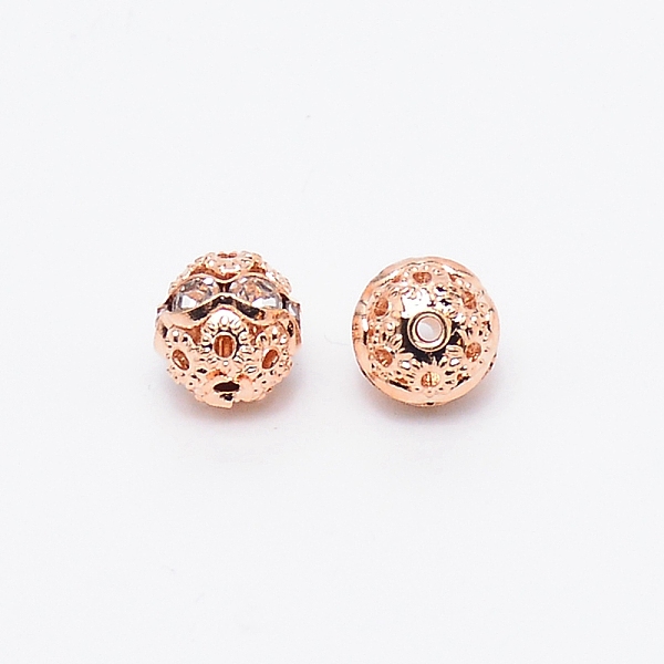 

PandaHall Alloy Rhinestone Beads, Hollow, Crystal, Round, Light Gold, 10x9mm, Hole: 1.2mm, 100pcs/bag Alloy+Rhinestone Round Clear