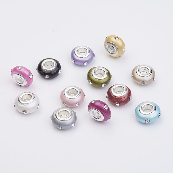 

PandaHall Resin European Beads, with Brass Core and Rhinestones, Rondelle, Large Hole Beads, Platinum, Mixed Color, 14x8mm, Hole: 4.5mm..., Multicolor